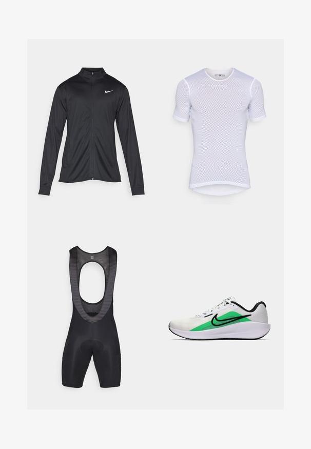 Melna sporta jaka ar garām piedurknēm, apkakli un pilnu rāvējslēdzēju. Uz kreisā krūts augšdaļas ir maigs Nike logo baltā krāsā. Gluda tekstūra.; Balts īsām piedurknēm acu tīkls krekls ar apaļu kakla izgriezumu, kas piedāvā gaisa caurlaidīgu tekstūru un izsmalcinātu zīmola logotipu uz krūtīm.; Melnie velosipēdu bikses ar bezmuguras dizainu, kurām ir teksturētas plecu siksnas, polsterēta sēdeklis un sānu kabatas uzglabāšanai.; Balta sporta apava ar zaļu akcentu, melnu logo, sietiņu augšu, mīkstu zoli un noapaļotu papēdi. Iekļauj lences un kontrastējošas detaļas.