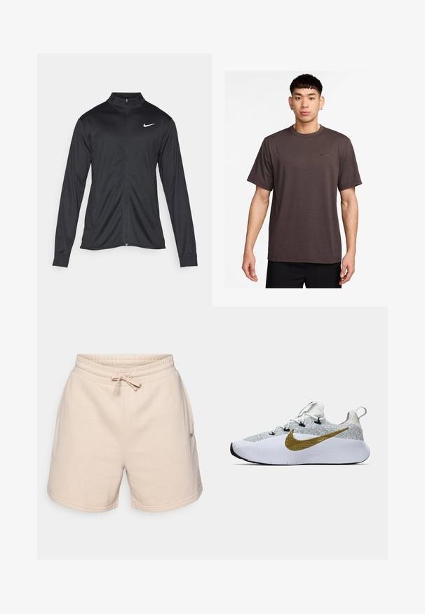 Chaqueta atlética negra con mangas largas, collar y cremallera completa. Presenta un sutil logo de Nike en blanco en la parte superior izquierda del pecho. Textura suave.; Camiseta de manga corta marrón oscuro con cuello redondo y logo negro de Nike en el pecho. Tejido ligero con una textura suave.; Pantalones cortos de algodón color beige con cintura elástica, cordón ajustable y dos bolsillos laterales. Presenta un pequeño logo en el costado.; Zapatilla de running en blanco y gris con parte superior texturizada, gran logo de Nike en dorado en el lateral, ojales negros, suela blanca y etiqueta en el talón.