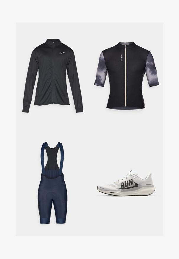 Zwarte sportjack met lange mouwen, kraag en volle rits. Voorzien van een subtiele Nike-logo in het wit op de bovenste linkerborst. Soepele textuur.; Korte-mouwen fietsjersey met een geribde zwarte basis en gestructureerde grijze mouwen met een vervaagd patroon, compleet met een rits aan de voorkant en logo.; Marineblauwe fietsbibshorts met een zwarte mesh bovenkant, een gevoerd zitgedeelte, elastische jeansopeningen en merkbanden voor een veilige pasvorm en comfort.; Witte hardloopschoen met bovenwerk van mesh, groot zwart "RUN"-grafisch ontwerp, lichtgrijze accenten en een gevoerde zool met "AIR 200M"-branding.