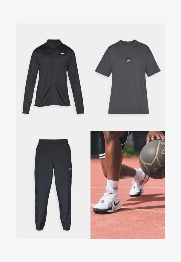 Czarna sportowa kurtka z długimi rękawami, kołnierzem i pełnym zamkiem. Posiada subtelne logo Nike w białym kolorze na lewej górnej części klatki piersiowej. Gładka tekstura.; Szara koszulka z krótkim rękawem wykonana z bawełny. Posiada czarne okrągłe logo na piersi z białym graficznym wzorem. Klasyczny krój i okrągły dekolt.; Czarne spodnie dresowe wykonane z lekkiego materiału, z elastycznym paskiem w talii, ściągaczami na kostkach oraz dyskretnym logo Nike po lewej stronie.; Białe buty sportowe z czarnymi i czerwonymi akcentami, z teksturowanym cholewką i wyraźnym logo w kształcie łyżwy, noszone na boisku z piłką koszykową.