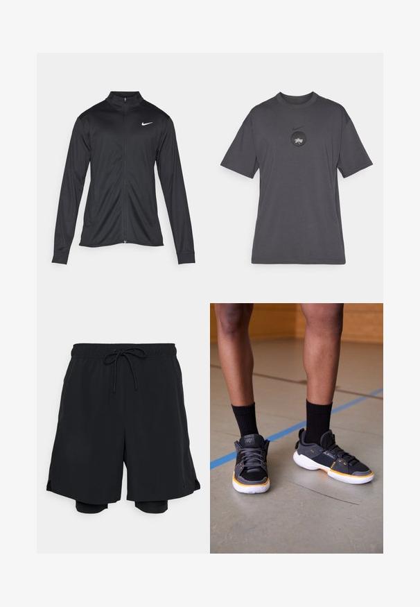Svart idrettsjakke med lange ermer, krage og full glidelås. Har en subtil Nike-logo i hvitt på øvre venstre bryst. Glatt tekstur.; Grå kortermet t-skjorte laget av bomull. Har en svart rund logo på brystet med et hvitt grafisk design. Vanlig passform og rund hals.; Svarte idrettsshorts laget av lett stoff, med elastisk midje og snøring, samt en tettsittende innerbukse.; Svarte og grå joggesko med oransje detaljer, med en teksturert overdel, snøring og en polstret hvit såle. Båret med svarte sokker.