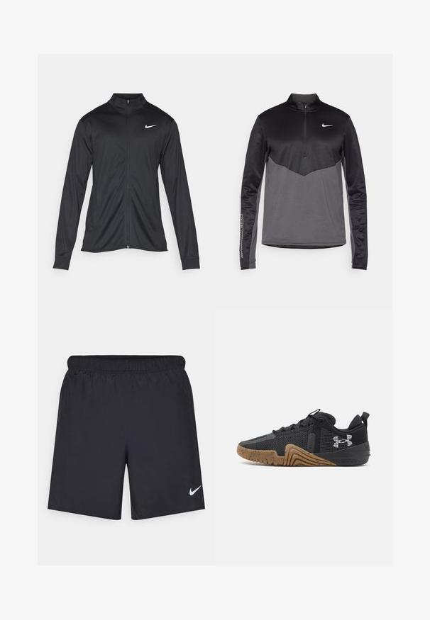 Jacket desportivo preto com mangas longas, colarinho e fecho zip completo. Apresenta um discreto logotipo da Nike em branco na parte superior do lado esquerdo do peito. Textura suave.; Pullover de manga longa Nike em preto e cinza com zíper de um quarto, apresentando um corpo texturizado, mangas suaves e um logotipo no peito.; Calças de desporto pretas feitas de material leve com uma cintura elástica. Apresenta um pequeno logótipo branco da Nike no canto inferior esquerdo.; Sapatilhas pretas de desporto com parte superior em malha, sola de borracha texturizada e realces em fitas. Apresenta um logotipo proeminente na lateral e um design de bico arredondado.
