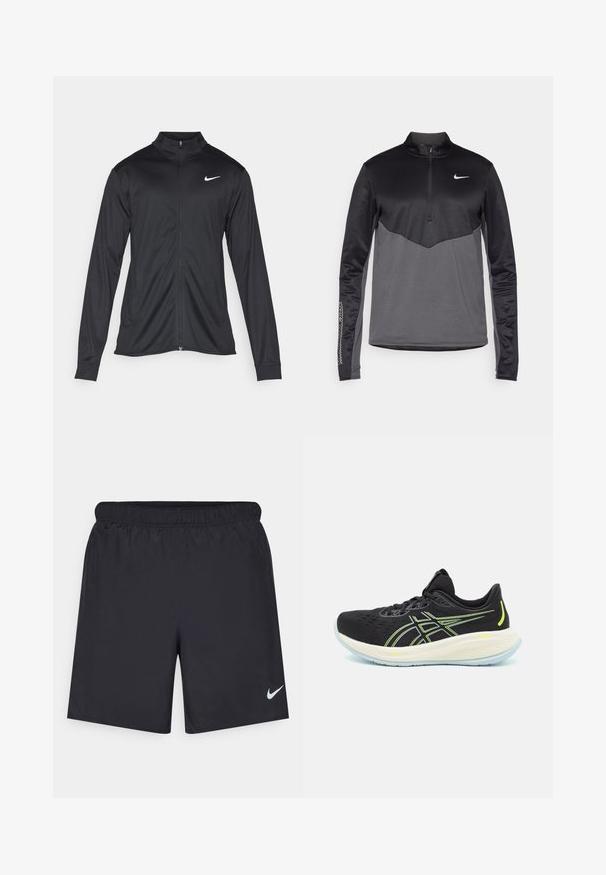 Must värvi sportlik jakk pikkade varrukatega, krae ja täispikk tõmblukk. Ülemises vasakus rinnas on diskreetne valge Nike logo. Sile tekstuur.; Must ja hall Nike pikka varrukaga neljanda lukuga pullover, millel on tekstureeritud keha, siledad varrukad ja logo rinnal.; Mustad mustikud lühikesed püksid, mis on valmistatud kergest materjalist ja millel on elastne vöökoht. Alumisel vasakul küljel on väike valge Nike logo.; Mustad mustreejalised kingad, millel on hingav võrkmaterjalist pealmine osa, erksad rohelised aktsendid, pehme valge vaheosa ja läbipaistvast sinisest kummist välimine talla osa.