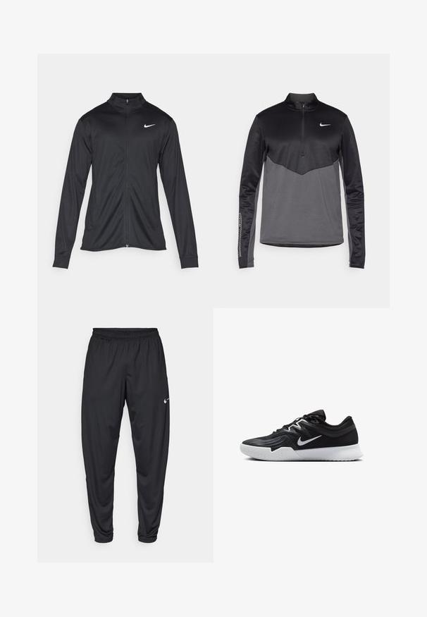 Jachetă sportivă neagră cu mâneci lungi, guler și fermoar complet. Prezintă un logo Nike subtil, alb, pe pieptul din stânga sus. Textură netedă.; Pulover cu mânecă lungă și fermoar pe un sfert Nike, negru și gri, având un corp texturat, mâneci netede și un logo pe piept.; Pantaloni atletici negri cu un elastic la talie, picioare conice și un mic logo alb Nike pe coapsa stângă. Material neted, fără modele.; Pantof sport negru cu un superior texturat, swoosh alb Nike și o tălpică din cauciuc alb. Dispune de un design cu șireturi și o formă dinamică.