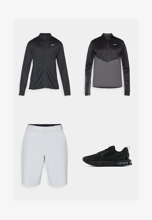Jacket desportivo preto com mangas longas, colarinho e fecho zip completo. Apresenta um discreto logotipo da Nike em branco na parte superior do lado esquerdo do peito. Textura suave.; Pullover de manga longa Nike em preto e cinza com zíper de um quarto, apresentando um corpo texturizado, mangas suaves e um logotipo no peito.; Calções cinza-claro feitos de um tecido leve; apresentam frente lisa, dois bolsos laterais e uma cintura suave para conforto.; Ténis Nike pretos com parte superior em rede, sola texturizada e unidade de ar visível no calcanhar. Detalhes e logótipo num tom de preto mais escuro.