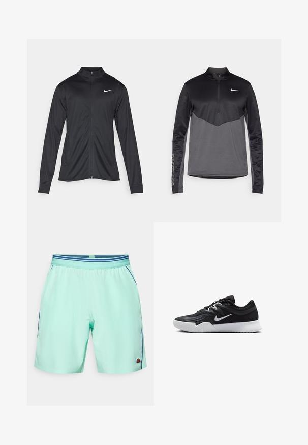 Jacket desportivo preto com mangas longas, colarinho e fecho zip completo. Apresenta um discreto logotipo da Nike em branco na parte superior do lado esquerdo do peito. Textura suave.; Pullover de manga longa Nike em preto e cinza com zíper de um quarto, apresentando um corpo texturizado, mangas suaves e um logotipo no peito.; Calções de desporto verde menta claro com uma cintura elástica e riscas azuis. Inclui bolsos laterais e um pequeno detalhe de logótipo na bainha.; Sapatilha atlética preta com um cabedal texturizado, swoosh branco da Nike e uma sola de borracha branca. Apresenta um design com atacadores e uma forma dinâmica.