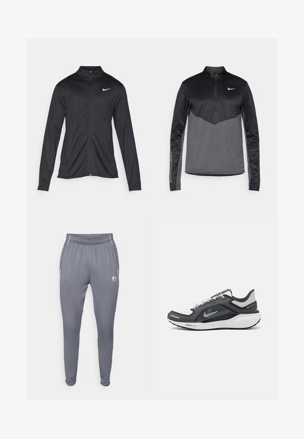 Crna sportska jakna s dugim rukavima, ovratnikom i punim patentnim zatvaračem. Ima suptilan Nike logo u bijeloj boji na gornjem lijevom dijelu prsne oznake. Glatka tekstura.; Crni i sivi Nike dugoredni pulover s četvrtastim zipom, s teksturiranim tijelom, glatkim rukavima i logotipom na prsima.; Sive tajice za sport sa elastičnim pojasom, bočnim džepovima i bijelim detaljima. Napravljene su od glatkog, laganog materijala.; Crne i sive atletske cipele s mrežastim gornjim dijelom, reflektirajućim detaljima i bijelim među-djelom. Imaju strukturiranu gumenu potplate i vezice.