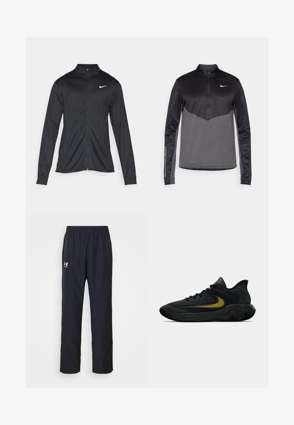 Jacket desportivo preto com mangas longas, colarinho e fecho zip completo. Apresenta um discreto logotipo da Nike em branco na parte superior do lado esquerdo do peito. Textura suave.; Pullover de manga longa Nike em preto e cinza com zíper de um quarto, apresentando um corpo texturizado, mangas suaves e um logotipo no peito.; Calças de atletismo pretas feitas de material sintético, com um cós elástico e o logótipo da Under Armour em branco na coxa esquerda.; Tênis atlético preto e cinza escuro com cadarços pretos e logotipo swoosh dourado, apresentando um design de sola ondulada e colarinho acolchoado no calcanhar.