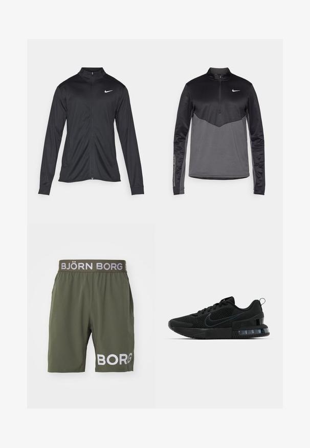 Svart idrettsjakke med lange ermer, krage og full glidelås. Har en subtil Nike-logo i hvitt på øvre venstre bryst. Glatt tekstur.; Svart og grå Nike langermet quarter-zip genser, med en teksturert kropp, glatte ermer og en logo på brystet.; Björn Borg SHORTS - Sports shorts - kalamata; Svart Nike treningssko med mesh-overdel, gummisåle, polstret krage og en distinkt gjennomsiktig hældetalj.