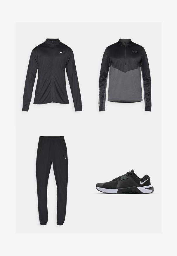 Fekete sportdzseki hosszú ujjal, gallérral és teljes cipzárral. Diszkrét fehér Nike logóval az upper bal mellen. Sima textúra.; Fekete és szürke Nike hosszú ujjú negyed zipes pulóver, textúrált testtel, sima ujjakkal és logóval a mellrészen.; Fekete sportnadrág rugalmas derékkal és karcsúsított szárakkal. Diszkrét logó kiemelés a bal combon. Sima, könnyű anyag.; Nike Performance METCON 10 - Edzőcipő - black/white/anthracite
