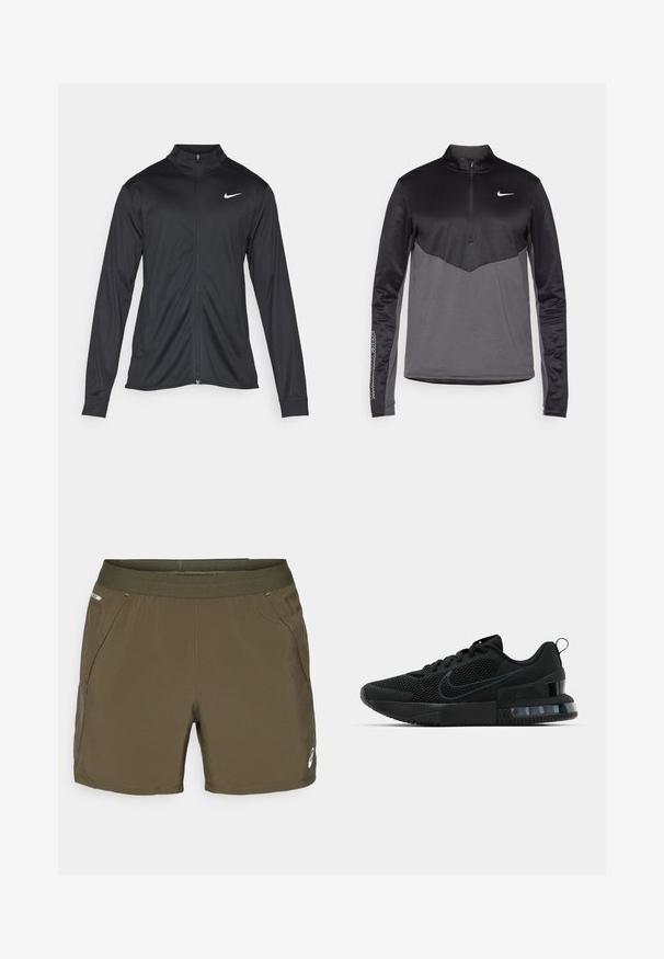 Juodas sportinis švarkas su ilgomis rankovėmis, apykakle ir pilnu užtrauktuku. Yra subtilus baltas Nike logotipas kairėje krūtinės pusėje. Lygus tekstūra.; Juodos ir pilkos Nike ilgomis rankovėmis ketvirčio užtrauktuku užtrauktukas, turintis tekstūruotą kūną, lygius rankovės ir logotipą ant krūtinės.; Alyvinės sportinės šortai, pagaminti iš lengvos medžiagos, turi elastinę juosmenį, šonines kišenes ir baltą logotipo akcentą ant apačios.; Juodas Nike sportinis batas su tinklo viršumi, guminėmis padais, paminkštintu apykakle ir išskirtiniu skaidriu kulno akcentu.