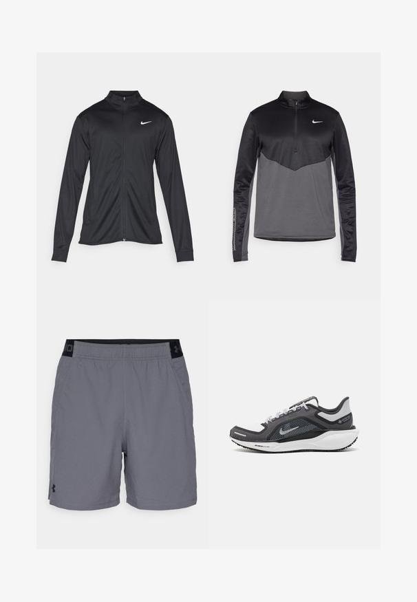 Jacket desportivo preto com mangas longas, colarinho e fecho zip completo. Apresenta um discreto logotipo da Nike em branco na parte superior do lado esquerdo do peito. Textura suave.; Pullover de manga longa Nike em preto e cinza com zíper de um quarto, apresentando um corpo texturizado, mangas suaves e um logotipo no peito.; Calções atléticos cinzentos feitos de um tecido leve, com um cós elástico com detalhes pretos e bolsos laterais. Design simples sem padrões.; Sapatilha atlética preta e cinza com parte superior em malha, detalhes reflexivos e uma entressola branca. Apresenta uma sola de borracha texturizada e atacadores.