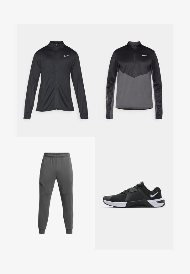 Zwarte sportjack met lange mouwen, kraag en volle rits. Voorzien van een subtiele Nike-logo in het wit op de bovenste linkerborst. Soepele textuur.; Zwart en grijs Nike lange mouwen half-zip pullover, met een gestructureerd lichaam, soepele mouwen en een logo op de borst.; Grijze sportieve jogpants met een elastische tailleband, taps toelopende benen, zijzakken en geprofileerde delen voor extra detail.; Nike Performance METCON 10 - Trainingsschoen - black/white/anthracite