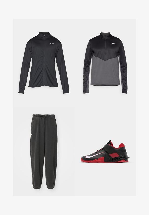Jachetă sportivă neagră cu mâneci lungi, guler și fermoar complet. Prezintă un logo Nike subtil, alb, pe pieptul din stânga sus. Textură netedă.; Pulover cu mânecă lungă și fermoar pe un sfert Nike, negru și gri, având un corp texturat, mâneci netede și un logo pe piept.; Pantaloni de trening gri închis dintr-un material moale, având un elastic în talie cu șnur și două buzunare laterale. Design simplu, conic.; Adidași sport negri și roșii, cu un design elegant, superior din plasă texturată, talpă din cauciuc robustă și un accent proeminent al logo-ului alb.
