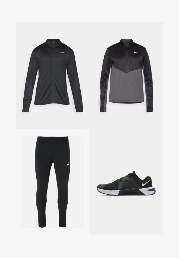 Jachetă sportivă neagră cu mâneci lungi, guler și fermoar complet. Prezintă un logo Nike subtil, alb, pe pieptul din stânga sus. Textură netedă.; Pulover cu mânecă lungă și fermoar pe un sfert Nike, negru și gri, având un corp texturat, mâneci netede și un logo pe piept.; ASICS ROAD WINTER - Colanți de alergare - performance black; Nike Performance METCON 10 - Pantofi training - black/white/anthracite