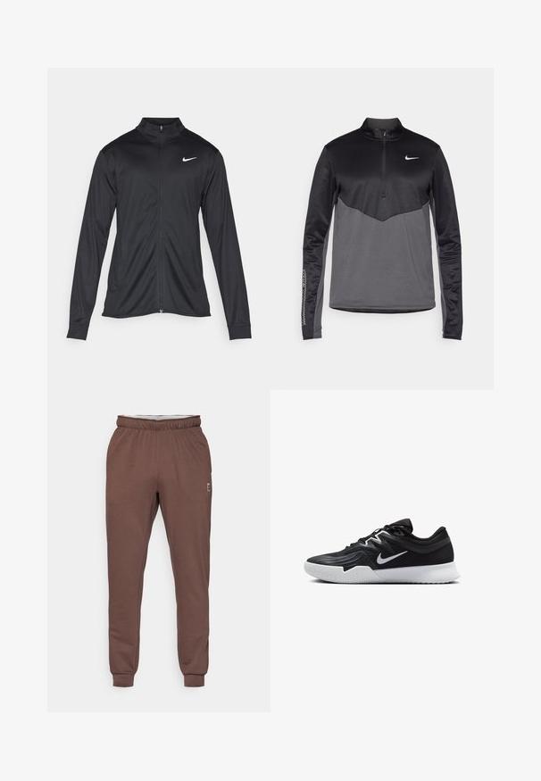 Svart idrottsjacka med långa ärmar, krage och full dragkedja. Har en diskret Nike-logga i vitt på övre vänstra bröstet. Slät yta.; Svart och grå Nike långärmad quarter-zip tröja, med en texturerad kropp, släta ärmar och en logotyp på bröstet.; Nike Performance HERITAGE PANT - Träningsbyxor - baroque brown; Svarta träningsskor med en texturerad ovandel, vit Nike-logga och en vit gummisula. Har snörningsdesign och en dynamisk form.