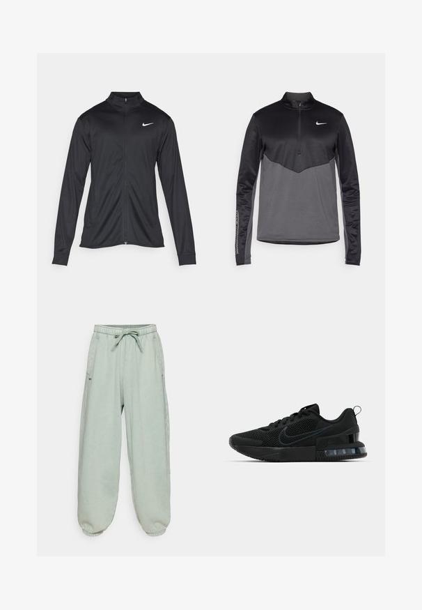 Jacket desportivo preto com mangas longas, colarinho e fecho zip completo. Apresenta um discreto logotipo da Nike em branco na parte superior do lado esquerdo do peito. Textura suave.; Pullover de manga longa Nike em preto e cinza com zíper de um quarto, apresentando um corpo texturizado, mangas suaves e um logotipo no peito.; Calças de treino verde claro com cintura elástica e cordão ajustável, apresentam bolsos laterais e punhos elásticos nos tornozelos.; Ténis Nike pretos com parte superior em rede, sola texturizada e unidade de ar visível no calcanhar. Detalhes e logótipo num tom de preto mais escuro.