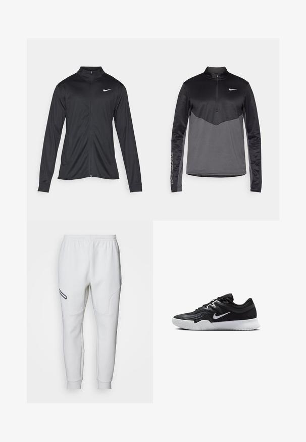 Crna sportska jakna s dugim rukavima, ovratnikom i punim patentnim zatvaračem. Ima suptilan Nike logo u bijeloj boji na gornjem lijevom dijelu prsne oznake. Glatka tekstura.; Crni i sivi Nike dugoredni pulover s četvrtastim zipom, s teksturiranim tijelom, glatkim rukavima i logotipom na prsima.; Bijele trenirke s mekom, glatkom teksturom. Sadrže zakrivljene bočne panele i crnu akcent traku. Elastična pojas za prilagodljivo pristajanje.; Crna sportska cipela s teksturiranim gornjim dijelom, bijelim Nike swooshom i bijelim gumennim potplatom. Ima dizajn s vezanjem i dinamičan oblik.