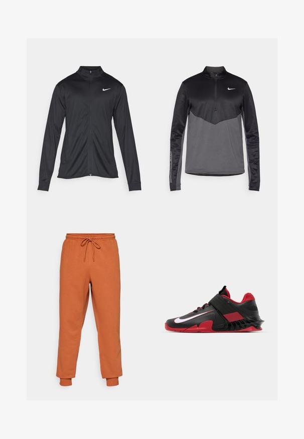 Juodas sportinis švarkas su ilgomis rankovėmis, apykakle ir pilnu užtrauktuku. Yra subtilus baltas Nike logotipas kairėje krūtinės pusėje. Lygus tekstūra.; Juodos ir pilkos Nike ilgomis rankovėmis ketvirčio užtrauktuku užtrauktukas, turintis tekstūruotą kūną, lygius rankovės ir logotipą ant krūtinės.; Oranžinės sportinės kelnės su elastine juostele ir reguliuojamu raišteliu. Raišteliai ant kulkšnių. Pagamintos iš minkštos medžiagos su švelniu tekstūra.; Juodos ir raudonos sportinės kedai su elegantišku dizainu, tekstūruotu tinklo viršumi, tvirtu guminiais padu ir ryškiu baltu logotipo akcentu.
