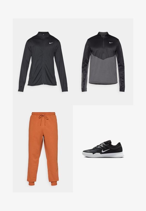 Juodas sportinis švarkas su ilgomis rankovėmis, apykakle ir pilnu užtrauktuku. Yra subtilus baltas Nike logotipas kairėje krūtinės pusėje. Lygus tekstūra.; Juodos ir pilkos Nike ilgomis rankovėmis ketvirčio užtrauktuku užtrauktukas, turintis tekstūruotą kūną, lygius rankovės ir logotipą ant krūtinės.; Oranžinės sportinės kelnės su elastine juostele ir reguliuojamu raišteliu. Raišteliai ant kulkšnių. Pagamintos iš minkštos medžiagos su švelniu tekstūra.; Juodos sportinės bateliai su tekstūruota viršutine dalimi, balta Nike swoosh ir balta gumine išorine dalimi. Yra su raištelių užsegimo dizainu ir dinamine forma.