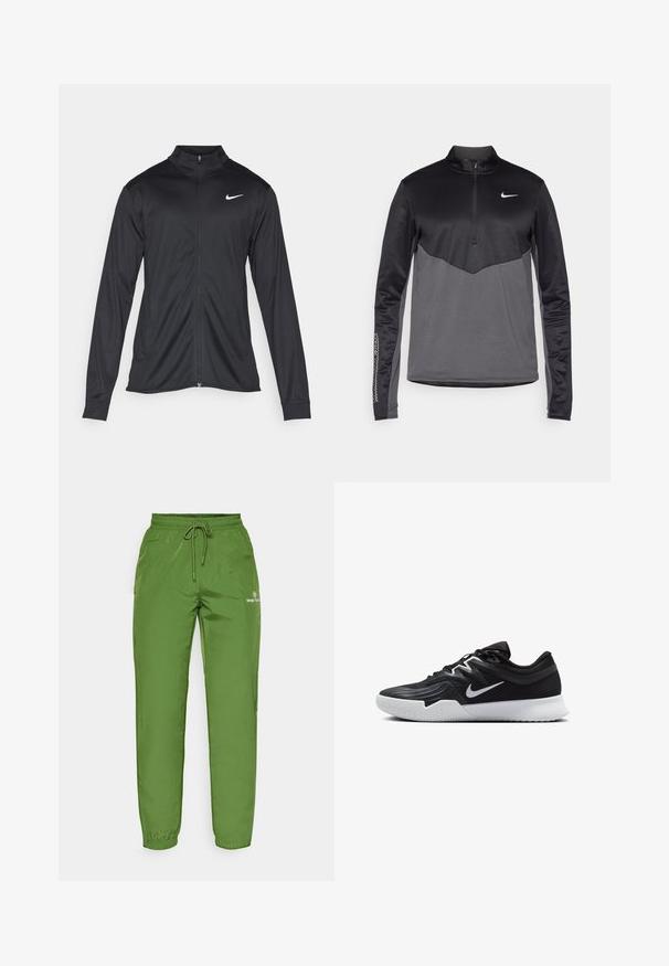 Crna sportska jakna s dugim rukavima, ovratnikom i punim patentnim zatvaračem. Ima suptilan Nike logo u bijeloj boji na gornjem lijevom dijelu prsne oznake. Glatka tekstura.; Crni i sivi Nike dugoredni pulover s četvrtastim zipom, s teksturiranim tijelom, glatkim rukavima i logotipom na prsima.; Zelene, lagane jogger hlače s elastičnim pojasom, zatvaranjem na vezicu i detaljem s logotipom na lijevoj strani. Glatka, sjajna tekstura.; Crna sportska cipela s teksturiranim gornjim dijelom, bijelim Nike swooshom i bijelim gumennim potplatom. Ima dizajn s vezanjem i dinamičan oblik.