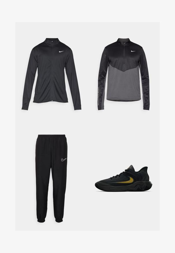 Zwarte sportjack met lange mouwen, kraag en volle rits. Voorzien van een subtiele Nike-logo in het wit op de bovenste linkerborst. Soepele textuur.; Zwart en grijs Nike lange mouwen half-zip pullover, met een gestructureerd lichaam, soepele mouwen en een logo op de borst.; Zwarte sportbroek met een elastische tailleband en boorden. Bevat een wit Nike-logo aan de linkerkant. Gemaakt van glad, lichtgewicht materiaal.; Zwarte en donkergrijze sportschoen met zwarte veters en een gouden swoosh-logo, met een golvend zoolontwerp en een gepolsterde hielkraag.