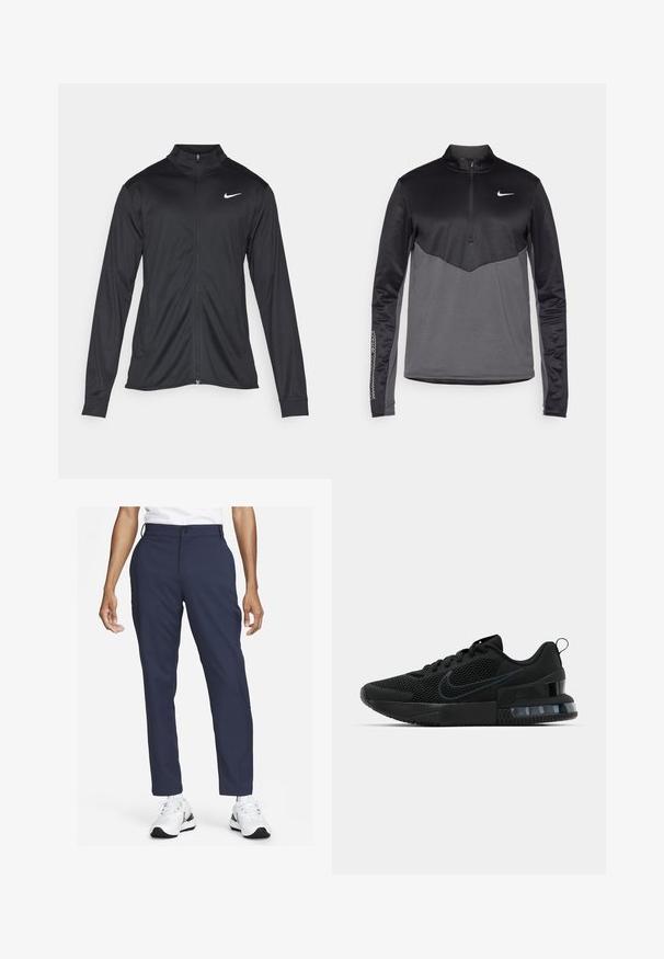 Juodas sportinis švarkas su ilgomis rankovėmis, apykakle ir pilnu užtrauktuku. Yra subtilus baltas Nike logotipas kairėje krūtinės pusėje. Lygus tekstūra.; Juodos ir pilkos Nike ilgomis rankovėmis ketvirčio užtrauktuku užtrauktukas, turintis tekstūruotą kūną, lygius rankovės ir logotipą ant krūtinės.; Jūros mėlynės kelnės, pagamintos iš lygaus audinio, tiesaus kirpimo, su šonine kišene ir diržo kilpomis, derinamos su baltais sportbačiais.; Juodi „Nike“ sportbačiai su tinklinio audinio viršumi, tekstūruota pado danga ir matoma oro pagalve kulne. Akcentai ir logotipas tamsesnės juodos spalvos.