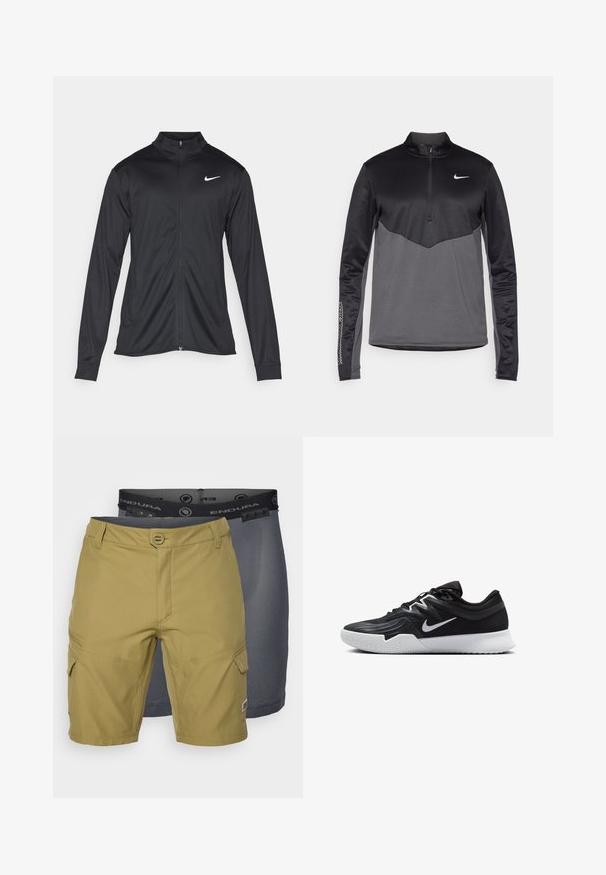 Sort atletisk jakke med lange ærmer, krave og fuld lynlås. Har et diskret Nike-logo i hvidt på den øverste venstre side af brystet. Glat tekstur.; Sort og grå Nike langærmet pullover med kvart lynlås, der har en tekstureret krop, glatte ærmer og et logo på brystet.; To sæt shorts: et olivengrønt sæt med lommer og en tekstureret talje, og et sæt mørkegrå mesh-liner synligt derunder.; Sort atletiksko med en tekstureret overdel, hvid Nike swoosh og en hvid gummisål. Har en snørret design og dynamisk form.