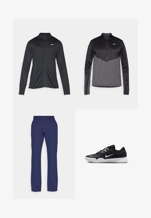 Svart idrettsjakke med lange ermer, krage og full glidelås. Har en subtil Nike-logo i hvitt på øvre venstre bryst. Glatt tekstur.; Svart og grå Nike langermet quarter-zip genser, med en teksturert kropp, glatte ermer og en logo på brystet.; Marineblå bukser laget av mykt, elastisk stoff. Har en rette ben-design, beltehemper og en frontlukkeknapp.; Svart treningssko med teksturert overdel, hvit Nike-swoosh og hvit gummisåle. Har snøring og en dynamisk form.