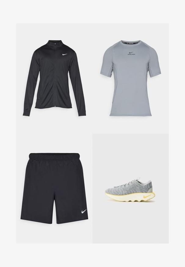 Must värvi sportlik jakk pikkade varrukatega, krae ja täispikk tõmblukk. Ülemises vasakus rinnas on diskreetne valge Nike logo. Sile tekstuur.; Hallitushall värvi lühikeste varrukatega spordipaita, mis on valmistatud siledast ja venivast kangast. Omab ümarat kraed ja musta Nike Pro logo rinnal.; Mustad mustikud lühikesed püksid, mis on valmistatud kergest materjalist ja millel on elastne vöökoht. Alumisel vasakul küljel on väike valge Nike logo.; Hallide hallitusjalatsid tekstureeritud kudumipealsega, valge vaheosa ja kollaste aktsentidega. Lint on hall, ning väike logo on küljel.