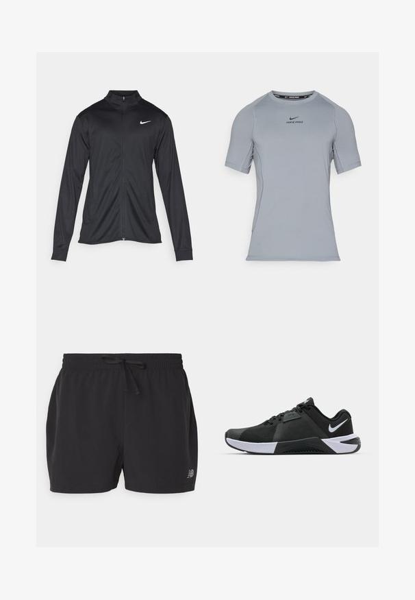 Jacket desportivo preto com mangas longas, colarinho e fecho zip completo. Apresenta um discreto logotipo da Nike em branco na parte superior do lado esquerdo do peito. Textura suave.; Camisola atlética cinza de manga curta, feita de tecido liso e elástico. Apresenta um decote redondo e o logótipo Nike Pro em preto no peito.; Calções atléticos pretos feitos de tecido leve, com um cós elástico e cordão, e um logótipo discreto no canto inferior esquerdo.; Nike Performance METCON 10 - Sapatilha de treino - black/white/anthracite