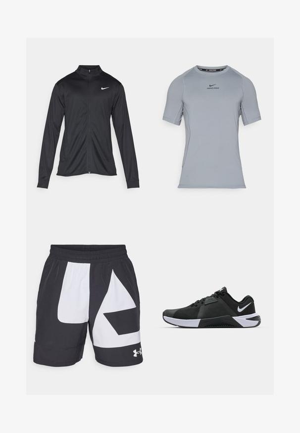 Svart idrettsjakke med lange ermer, krage og full glidelås. Har en subtil Nike-logo i hvitt på øvre venstre bryst. Glatt tekstur.; Grå kortermet treningstrøye laget av glatt, elastisk stoff. Har rund halslinning og Nike Pro-logoen i svart på brystet.; Under Armour ZONE SHORT - Sports shorts - black/white; Nike Performance METCON 10 - Treningssko - black/white/anthracite