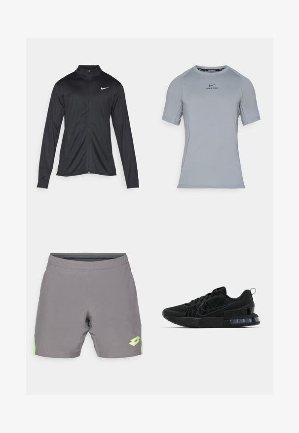Jacket desportivo preto com mangas longas, colarinho e fecho zip completo. Apresenta um discreto logotipo da Nike em branco na parte superior do lado esquerdo do peito. Textura suave.; Camisola atlética cinza de manga curta, feita de tecido liso e elástico. Apresenta um decote redondo e o logótipo Nike Pro em preto no peito.; Calções atléticos cinzentos com um cós elástico e detalhes em verde claro, apresentando um logótipo na perna inferior direita. Textura suave.; Tênis esportivo Nike preto com parte superior em malha, sola de borracha, colarinho acolchoado e um distinto detalhe transparente no calcanhar.