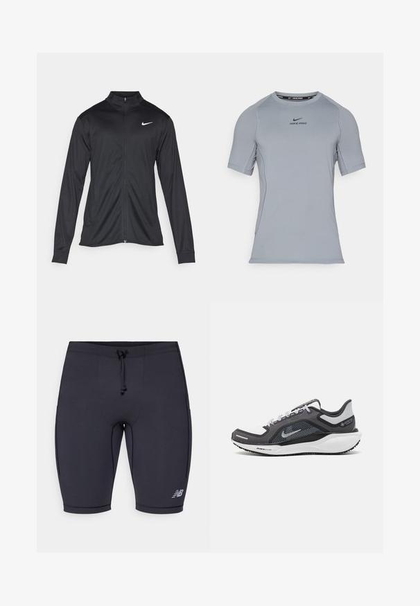 Jacket desportivo preto com mangas longas, colarinho e fecho zip completo. Apresenta um discreto logotipo da Nike em branco na parte superior do lado esquerdo do peito. Textura suave.; Camisola atlética cinza de manga curta, feita de tecido liso e elástico. Apresenta um decote redondo e o logótipo Nike Pro em preto no peito.; Calções desportivos pretos com um design ajustado, cintura elástica, fecho com cordão e detalhe do logo refletor na parte inferior.; Sapatilha atlética preta e cinza com parte superior em malha, detalhes reflexivos e uma entressola branca. Apresenta uma sola de borracha texturizada e atacadores.