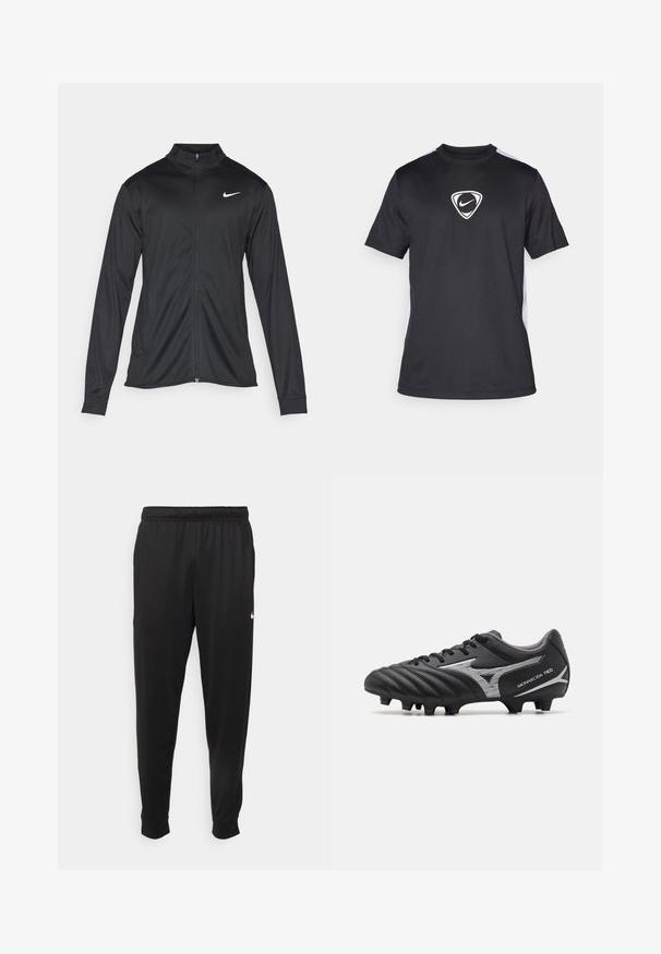 Veste de sport noire à manches longues, avec col et fermeture éclair intégrale. Présente un logo Nike subtil en blanc sur le côté supérieur gauche de la poitrine. Texture lisse.; T-shirt de sport noir à manches courtes, avec un logo Nike blanc et des accents latéraux blancs. Fabriqué à partir d'un matériau lisse et léger.; Pantalon de sport noir en tissu lisse, avec une taille élastique, des jambes fuselées et un petit logo blanc sur le côté gauche.; Crampon de football noir avec un supérieur synthétique texturé, des accents argentés et un design à lacets. Dispose d'une semelle moulée avec des crampons visibles pour une traction optimale.