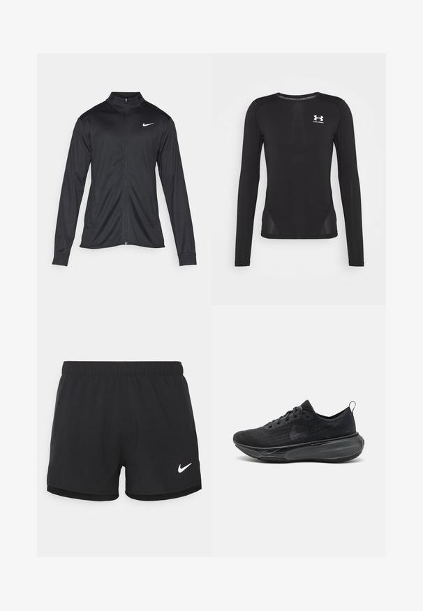 Jachetă sportivă neagră cu mâneci lungi, guler și fermoar complet. Prezintă un logo Nike subtil, alb, pe pieptul din stânga sus. Textură netedă.; Cămașă sport cu mâneci lungi, de culoare neagră, fabricată dintr-un material ușor și neted. Prezintă un design ajustat și panouri laterale din plasă. Logo-ul Under Armour pe piept.; Shorts atletici negri, confecționați dintr-un material ușor. Dispun de un brâu elastic și detalii perforate. Inclus un logo Nike alb pe lateral.; Adidași negri de alergare cu un superior din tricot texturat, șireturi plate și o talpă groasă și bine amortizată. Dispune de o buclă la toc pentru a facilita purtarea.
