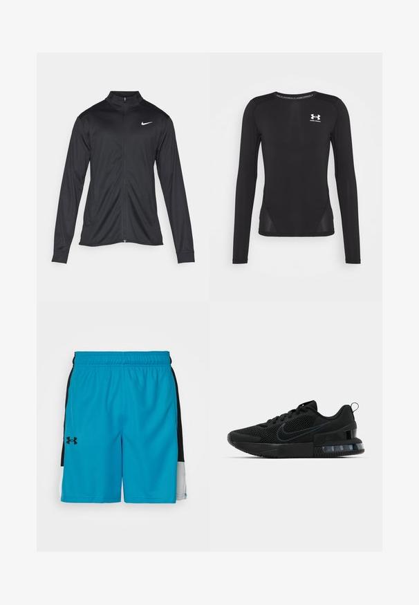 Svart idrettsjakke med lange ermer, krage og full glidelås. Har en subtil Nike-logo i hvitt på øvre venstre bryst. Glatt tekstur.; Svart langermet treningsskjorte laget av glatt, lett stoff. Har en tettsittende design og mesh-sidepaneler. Under Armour-logo på brystet.; Tyrkis treningsshorts med svarte sidepaneler, elastisk midje, og liten svart logo på venstre ben. Glatt, lett stoff.; Svart Nike treningssko med mesh-overdel, gummisåle, polstret krage og en distinkt gjennomsiktig hældetalj.