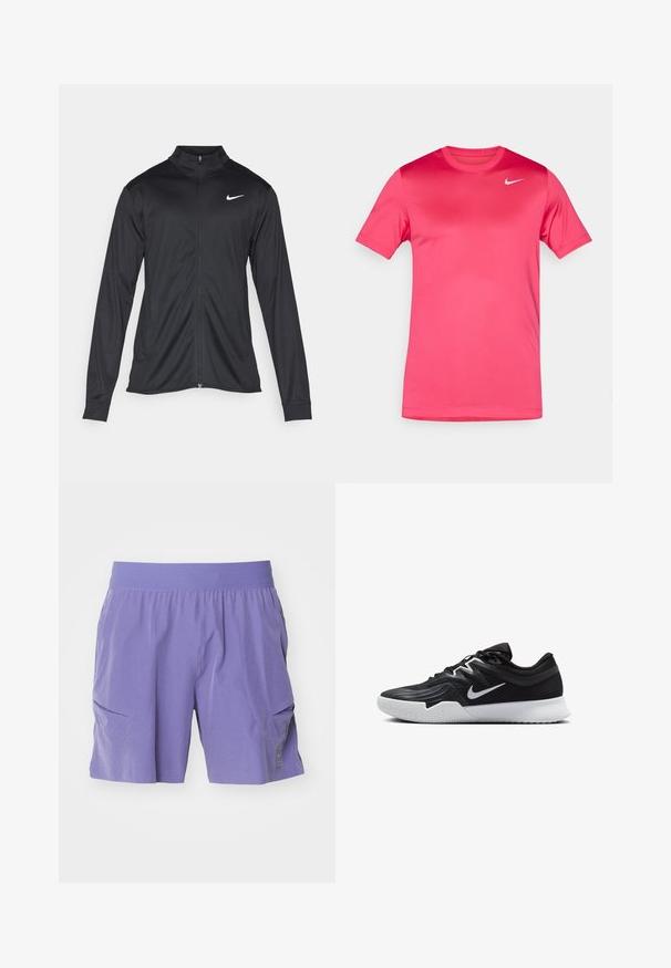 Čierna športová bunda s dlhými rukávmi, golierom a plným zipsom. Obsahuje nenápadné logo Nike v bielej farbe na hornej ľavej hrudi. Hladká textúra.; Ružové tričko s krátkym rukávom vyrobené z hladkej, ľahkej tkaniny. Má okrúhly výstrih a malé biele logo Nike na hrudi.; Fialové šortky vyrobené z ľahkého materiálu, s elastickým pásom a dvoma bočnými vreckami. Jednoduchý dizajn s jemným detailom loga.; Čierna športová topánka s textúrovaným zvrškom, bielym logom Nike a bielou gumovou podrážkou. Má šnurovací dizajn a dynamický tvar.