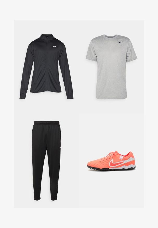 Fekete sportdzseki hosszú ujjal, gallérral és teljes cipzárral. Diszkrét fehér Nike logóval az upper bal mellen. Sima textúra.; Szürke, rövid ujjú póló sima anyagból, fekete Nike logóval a bal vállnál és klasszikus kerek nyakkivágással.; Fekete sportos nadrág sima anyagból, rugalmas derékkal, szűkülő lábakkal és egy kis fehér logóval a bal oldalon.; Nike focicipők, élénk rózsaszín fehér kiegészítőkkel, texturált felső rész, hagyományos fűzés és fekete gumitalp a tapadás érdekében.