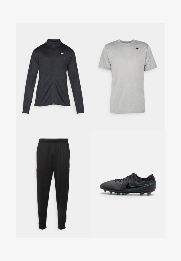 Giacca sportiva nera con maniche lunghe, colletto e zip completa. Presenta un logo Nike in bianco sulla parte superiore del lato sinistro del petto. Tessuto morbido.; T-shirt grigio a maniche corte realizzato in tessuto liscio, con un logo Nike nero sulla spalla sinistra e un classico colletto rotondo.; Pantaloni sportivi neri realizzati in tessuto liscio, con una vita elastica, gambe affusolate e un piccolo logo bianco sul lato sinistro.; Stivali da calcio neri con tomaia in pelle testurizzata, caratterizzati da un logo Nike teal e cinque tacchetti stampati su una suola scura per garantire trazione.