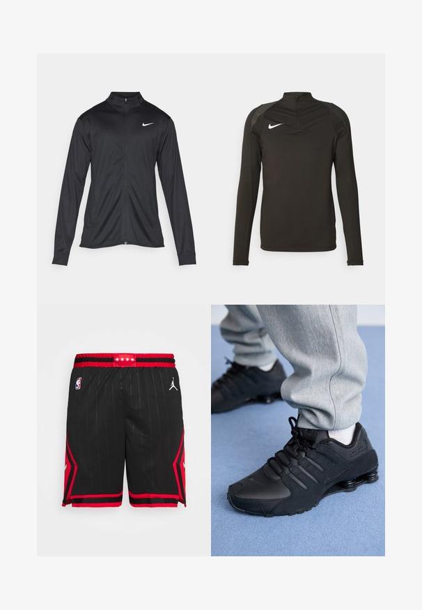 Svart idrottsjacka med långa ärmar, krage och full dragkedja. Har en diskret Nike-logga i vitt på övre vänstra bröstet. Slät yta.; Svart långärmad atletisk skjorta med hög krage, dragkedja vid halsen och grå axelaccenter; har en vit Nike-logotyp på bröstet.; Svarta basketshorts med röda detaljer och randigt mönster, med en Jordan-logotyp och NBA-patch på midjan. Design med hög kontrast.; Person som bär svarta Nike Shox-sneakers och grå träningsbyxor stående på en ljusblå matta.