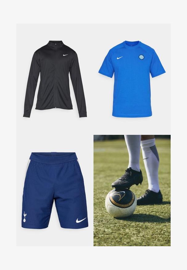 Sort atletisk jakke med lange ærmer, krave og fuld lynlås. Har et diskret Nike-logo i hvidt på den øverste venstre side af brystet. Glat tekstur.; Nike Performance INTER M TRAVEL TOP - Klub merchandise - lyon blue/sanddrift; Blå sportsbukser med vertikal ribbet tekstur, elastisk talje og hvidt Nike-logo på højre ben. Har sidelommer i net.; Sort fodboldstøvle på en hvid og sort mønstret fodbold, der hviler på grønt græs. Støvlen har struktureret materiale og snørebånd.