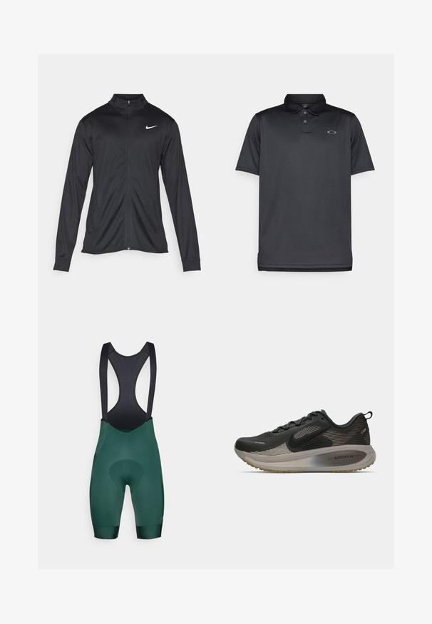 Jachetă sportivă neagră cu mâneci lungi, guler și fermoar complet. Prezintă un logo Nike subtil, alb, pe pieptul din stânga sus. Textură netedă.; Polo negru din material fin, cu guler, trei butoane, mâneci scurte și un mic logo gri pe pieptul stâng.; Pantaloni scurți de ciclism verzi cu bretele negre, având o zonă căptușită de chamois și o textură netedă. Designul include un spate din plasă pentru ventilație.; Pantofii de alergare negri cu partea superioară din plasă, accente reflectorizante și amortizare ZoomX. Prezintă o talpă texturată pentru aderență. Design elegant.