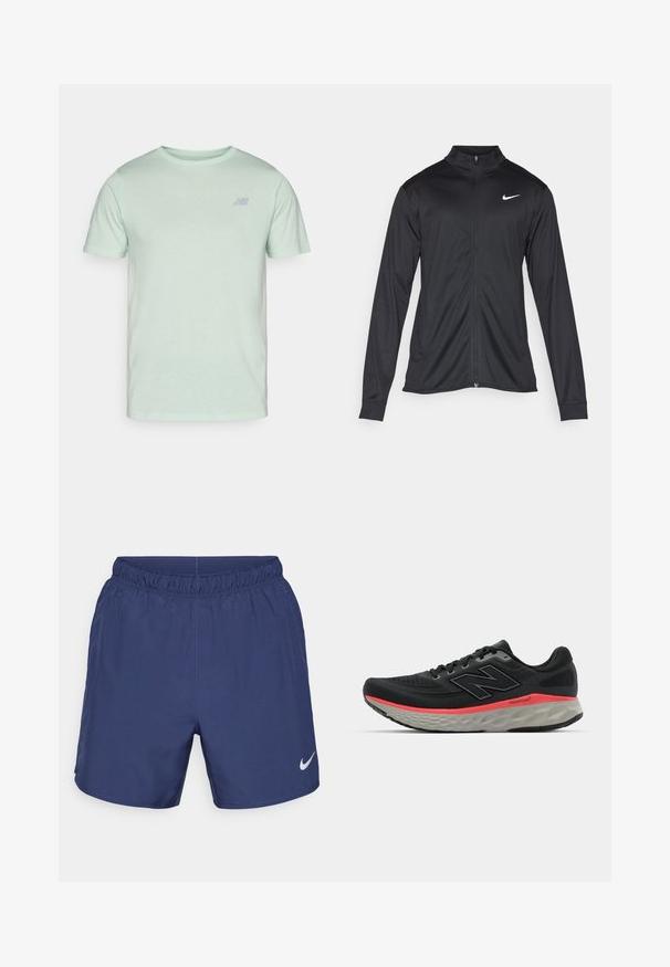 Musta urheilutakki pitkillä hihoilla, kauluksella ja kokonaisella vetoketjulla. Täydentää hienovarainen Nike-logo valkoisena vasemmassa ylärinnassa. Litteä pinta.; Vaalean minttuvihreä lyhythihainen T-paita, joka on valmistettu pehmeästä kankaasta. Rinnassa on hillitty harmaa logo. Klassinen pyöreä kaula-aukko.; Tummansiniset urheilushortsit, jotka on valmistettu kevyestä kankaasta. Ominaisuuksiin kuuluu joustava vyötärö ja pieni valkoinen Nike-logo vasemmalla alakulmassa.; Musta juoksukenkä, jossa on verkkomateriaali yläosassa, jota korostaa vaaleanpunainen välikerroksen raita ja harmaa pohja. Kenkässä on teksturoitu yksityiskohta ja joustava pohjarakenne.