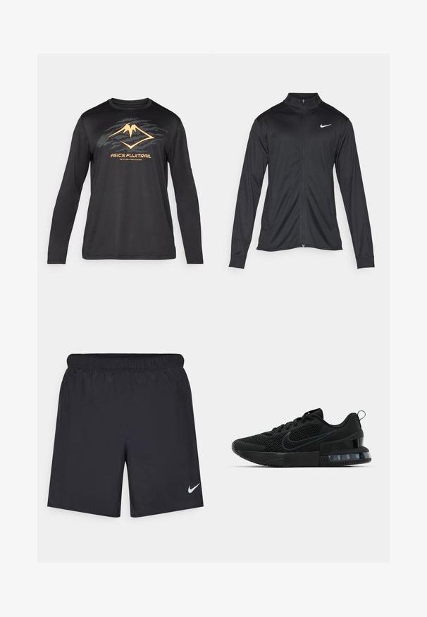Schwarze Sportjacke mit langen Ärmeln, Kragen und voller Reißverschluss. Verfügt über ein dezentes Nike-Logo in Weiß auf der oberen linken Brust. Glatte Textur.; ASICS FUJITRAIL LOGO TOP - Langarmshirt - performance black; Schwarze sportliche Shorts aus leichtem Material mit einem elastischen Bund. Auf der unteren linken Seite befindet sich ein kleines weißes Nike-Logo.; Schwarzer Nike Sportschuh mit einem Mesh-Obermaterial, gummierter Sohle, gepolstertem Kragen und einem auffälligen transparenten Fersenakzent.