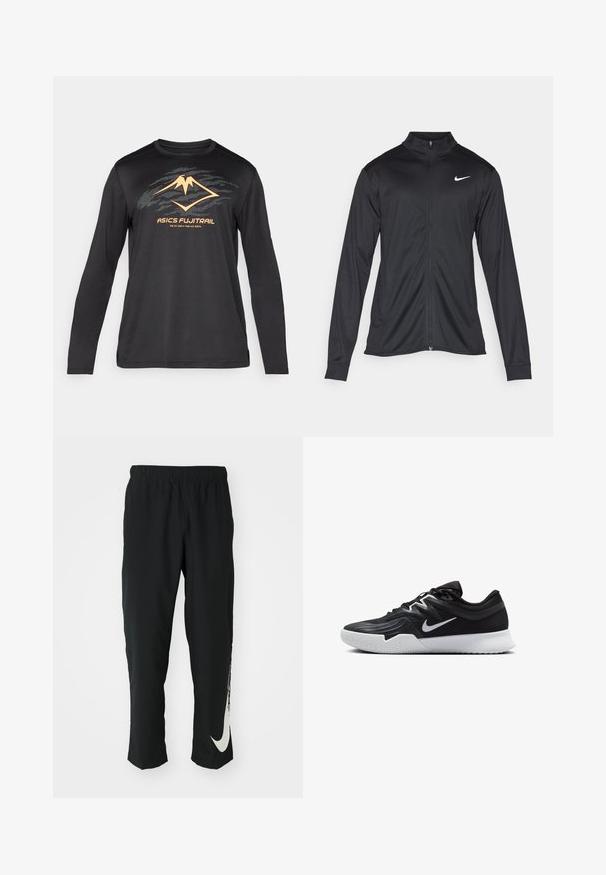 Black athletic jacket with long sleeves, collar, and full zipper. Features a subtle Nike logo in white on the upper left chest. Smooth texture.; ASICS FUJITRAIL LOGO TOP - Long sleeved top - performance black; Black athletic pants with elastic waistband, tapering design, featuring a large white Nike logo on the left leg. Soft, lightweight fabric.; Black athletic shoe with a textured upper, white Nike swoosh, and a white rubber outsole. Features a lace-up design and dynamic shape.