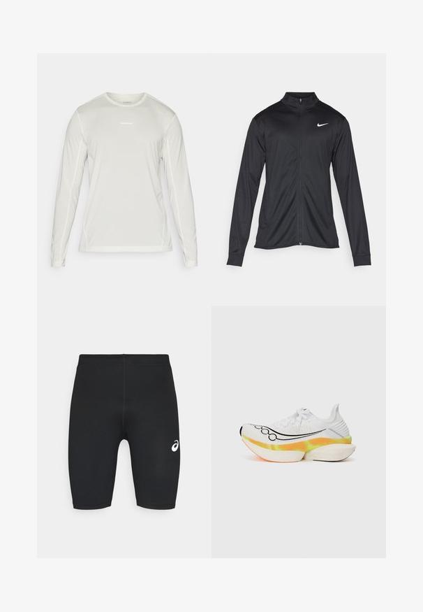 Sort atletisk jakke med lange ærmer, krave og fuld lynlås. Har et diskret Nike-logo i hvidt på den øverste venstre side af brystet. Glat tekstur.; Salomon SHKOUT CORE TEE - Langærmet T-shirt - icicle; Sorte atletiske shorts med en glat tekstur, tætsiddende design og hvidt logo på venstre side. Ingen synlige lommer eller hardware detaljer.; Hvid løbesko med et struktureret mesh-oberste, sort swoosh-design og en farverig, lagdelt sål med orange og gule accenter.