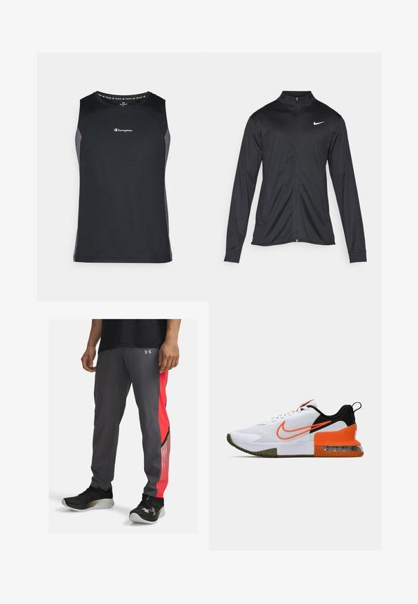 Černá sportovní bunda s dlouhými rukávy, límcem a plným zipem. Má decentní bílou logo značky Nike na horní levé části hrudi. Hladká textura.; Černý bezrukávový sportovní top s žebrovanou texturou, s šedými akcenty a malým logem Champion na hrudi.; Sportovní kalhoty šedé barvy s červeným bočním pruhem a pruhovanými akcenty. Vyrobené z lehkého materiálu. Obsahují logo na bocích a kapsy.; Bílé sportovní boty s textura sítové vrstvy, černými a oranžovými akcenty, silnou gumovou podrážkou a průhlednou vzduchovou výplní v oblasti paty.