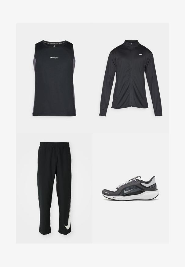 Jachetă sportivă neagră cu mâneci lungi, guler și fermoar complet. Prezintă un logo Nike subtil, alb, pe pieptul din stânga sus. Textură netedă.; Top de sport fără mâneci, de culoare neagră, cu o textură ribbed, având accente gri și un mic logo Champion pe piept.; Pantaloni sport negri cu talie elastică, design conic, având un mare logo alb Nike pe piciorul stâng. Material moale, ușor.; Încălțăminte sport neagră și gri, cu partea superioară din plasă, accente reflectorizante și o talpă intermediară albă. Dispune de o talpă din cauciuc texturat și șireturi.