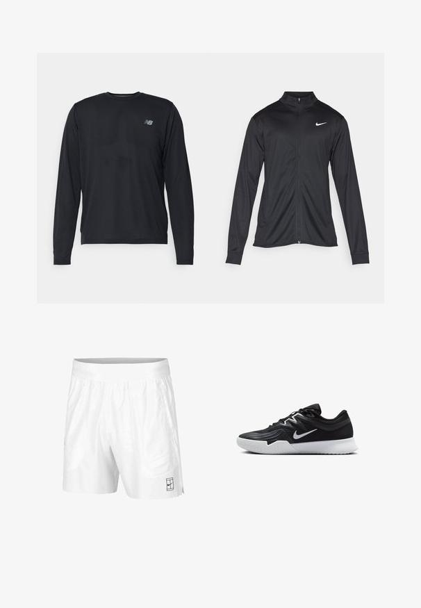 Juodas sportinis švarkas su ilgomis rankovėmis, apykakle ir pilnu užtrauktuku. Yra subtilus baltas Nike logotipas kairėje krūtinės pusėje. Lygus tekstūra.; Juodas ilgo rankovės sportinis marškinėlis su tekstūruota medžiaga ir subtiliomis perforacijomis. Pavaizduota maža atspindinti logo kairėje krūtinės pusėje.; Balti sportiniai šortai, pagaminti iš lengvos medžiagos, su elastinga juosta, su dviem šoninėmis kišenėmis ir mažu juodu logotipu ant apatinio krašto.; Juodos sportinės bateliai su tekstūruota viršutine dalimi, balta Nike swoosh ir balta gumine išorine dalimi. Yra su raištelių užsegimo dizainu ir dinamine forma.